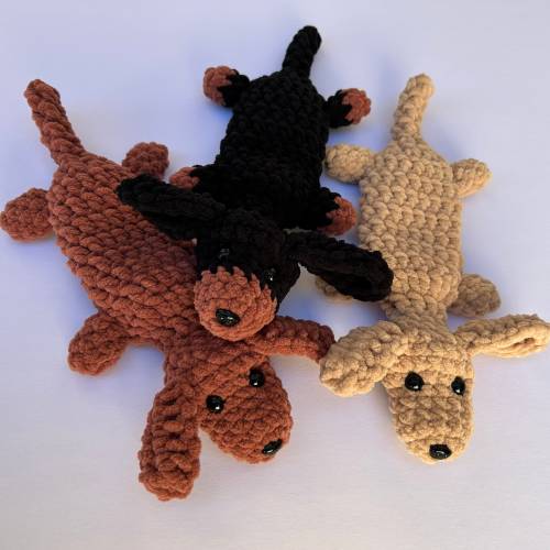 small crochet snuggle dachshund, puppy lovey, crochet dog amigurumi gift item