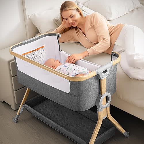 Larex Baby Bassinet, Baby Bassinet Bedside Sleeper with Storage Basket and Wheels, Height Adjustable Portable Crib for Newborn Infant, Easy Assemble & Folding(Wood Grain)