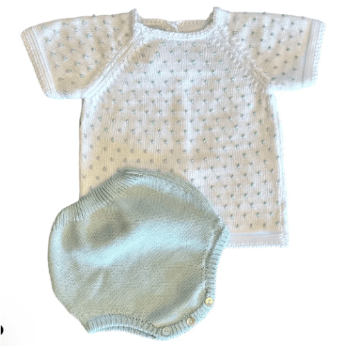Short Sleeve Sweater Set Dot White with Light Blue (Infant)