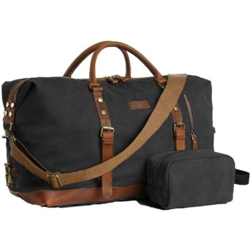Duffle Bag for Men Travel Leather Canvas Weekender Bag Overnight Bag with Toiletry Bag (Black)