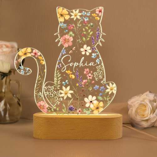 Personalized Floral Cat Night Light: Custom Kids Name Led Light