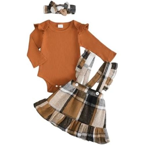 Kucnuzki Newborn Baby Girl Clothes Toddler Long Sleeve Ruffle Romper Top Infant Skirt Set Little Girl Overall Dress