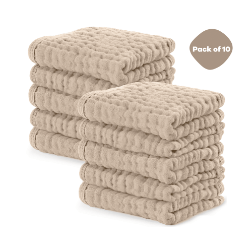 Comfy Cubs Baby Washcloths, Muslin Cotton Baby Towels, Large 10”x10” Wash Cloths (Cream, Pack of 10)