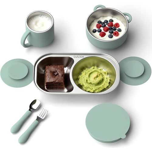 Toddler Plates and Bowls Set Stainless Steel Feeding Set with Suction, Detachable Baby Bowls, Kids Plates, Cup & Utensils, Baby Feeding Essentials for Self Feeding, Dinnerware Set, Sage