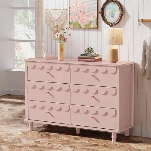 Anbuy Girls Scalloped Organizer Storage with Drawers, Pink 6 Drawer Dresser for Bedroom, Modern Wide Chest of Drawers, Fluted Petal Pattern Large Storage Cabinet for Bedroom, Living Room, Porch