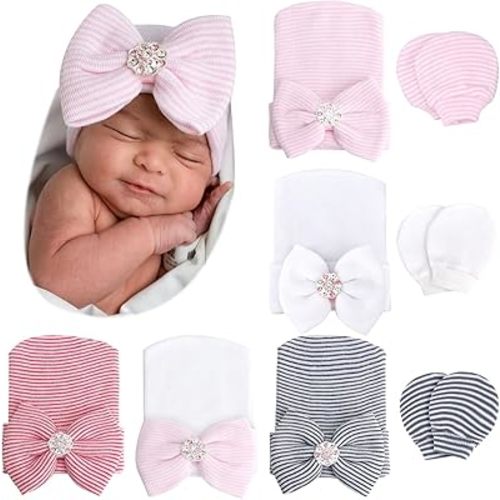BQUBO Newborn Baby Caps Mittens for Baby Girls Baby Hats Scratch Mitten Gloves Set Soft Hospital Hat Infant Hats with Bow