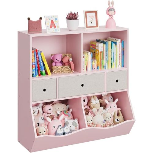 IDEALHOUSE Kids Toy Storage Organizer with 3 Movable Drawers, 3 Tier Children Bookcase and Bookshelf, 7 Cubby Toy Storage Cabinet, Toy Shelf for Playroom, Bedroom, Living Room, Nursery,Pink