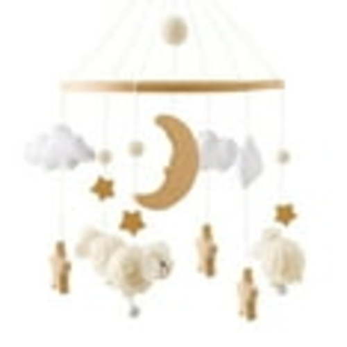 Baby Crib Mobile Decor, 8.86*16.93 Inch Wooden Moon and Stars Nursery Mobiles with Cloud for Bassinet Starry Night Handmade Soft Felt Beads Hanging Wind Chime Toys Pendant for Infant Newborn