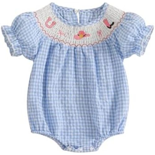 Baby Girl Smocked Western Romper Short Sleeve Bubble Rompers Summer Clothes Plaid Print Embroidery Bow Bodysuit Tops