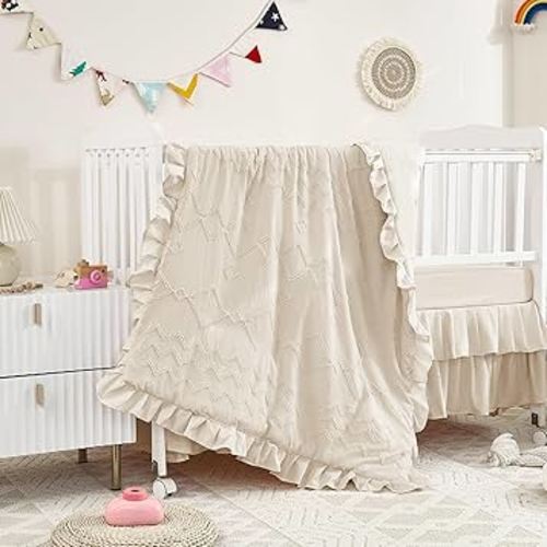 3-Piece Tufted Ruffle Crib Bedding Set for Girls - Ultra Soft Baby Bedding Set Includes Boho Crib Comforter, Sheet & Skirt (Beige)