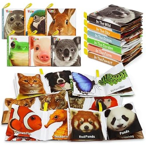 Taika 6PCS Soft Books, Cloth Books, Bath Toy, Sensory Baby Toy, Soft Fabric Shower Gifts, Wild Wonders World, Educational Learning for Baby Infant, Crinkle Squeaky Washablem Non-Toxic