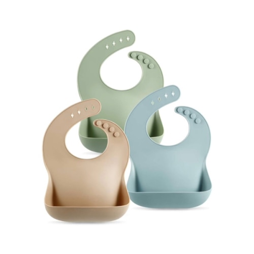 PandaEar Set of 3 Silicone Baby Bibs Waterproof, Soft, Unisex, 10-72 Months (Brown/Blue/Green)