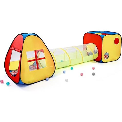 3 in 1 Pop Up Kids Play Tent with Tunnel and Ball Pit for Kids, Boys, Girls, Babies and Toddlers, Indoor/Outdoor Playhouse, Red&Yellow&Blue