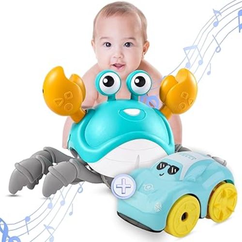 Crawling Crab Baby Toy - Infant Tummy Time Baby Toys, Interactive Musical Toy with Automatically Avoid Obstacles, USB Rechargeable (Green)