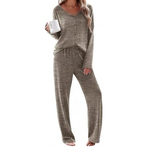 Ekouaer Womens Pajama Sets Button Up Long Sleeve Pjs Soft Lounge Set 2 Piece Sleepwear with Pockets