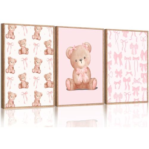 3Pcs Pink Teddy Bear Wall Art Coquette Bow Wall Decor Pictures Cute Animal Nursery Canvas Posters Prints for Baby Girls Room Bedroom Home Decorations Unframed