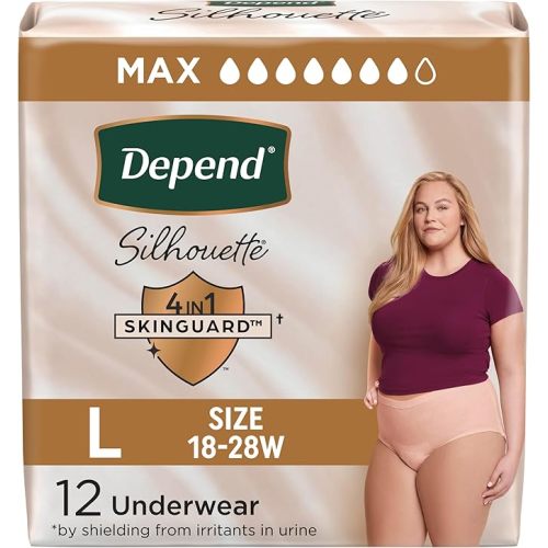 Depend Silhouette Adult Incontinence and Postpartum Underwear for Women, Large, Maximum Absorbency, Black, Pink and Berry, 12 Count, Packaging May Vary