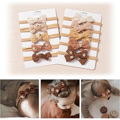 Fancy Clouds Baby Girl Bows and Headbands,14 pcs Stretchy Soft Nylon Hairbands Hair Bows for Newborns, Infants, Toddlers - Handmade Baby Hair Accessories for Girls Gifts