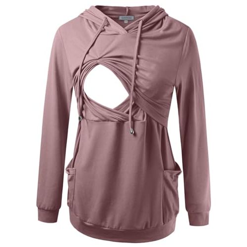 GINKANA Womens Nursing Hoodie Top Sweatshirt Long Sleeve Button Decoration Pockets Shirts Tunic Top