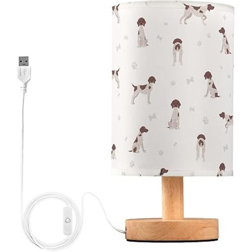 Table Lamp Cute Dog German Shorthaired Pointer Pattern Nightstand Lamp with Wood Base Fabric Lamp Shade Bedside Desk Lamp for Living Room Bedroom Kids Room Office