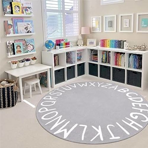 LIVEBOX ABC Round Rug for Kids Bedroom, Alphabet Area Rug Circle Washable Rug for Playroom Classroom Tent, Non-Slip Crawling Mat Circular Learning Carpet for Teen Boys and Girls (59",Grey)