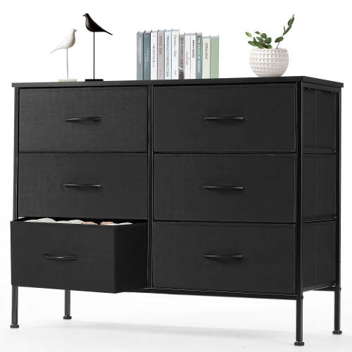 EDX 6 Drawer Dresser, Wide Chest Of Drawers Nightstand Storage Tower Storage Dresser Fabric Dresser With Wood Top for Living Room, Bedroom, Hallway, Black - Shop Black Friday Deals for 2024!