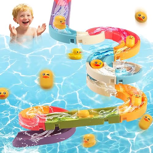 Duck Slide Bath Toys for Kids Ages 4-8, Bathtub Toys DIY Wall Track Building Kit for Toddlers 2-4 3-5, Fun Shower Toys Bathtub Time Birthday Gift for 3+ Years Old Boys and Girls(34PCS)