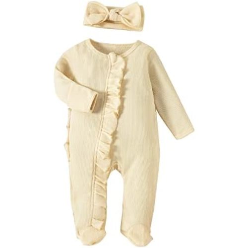 Newborn Infant Girl Footies Romper Solid Color Frills Baby Jumpsuit Zip Up Onesie Clothes Headband 0-12M