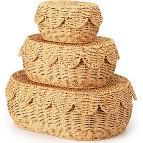 Set of 3 Scalloped Baskets with Lids 10/13/14 Inch Hand Woven Storage Wicker Baskets for Baby Shower Gifts Baby Diaper Caddy Organizer for Nursery Room(Paper Rope)