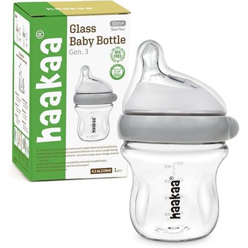 haakaa Gen.3 Natural Glass Baby Bottle 4.2oz/120ml - Wide Neck Anti-Colic Slow Flow Nipple for 0M+ Breastfed Baby, Newborn Registry Essentials,BPA-Free - 1 PK