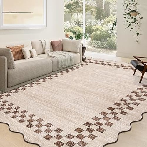 GarveeHome 8x10 Area Rug for Living Room Scalloped Washable Large Bedroom Rug Non Slip Stain Resistant Modern Border Dining Room Throw Carpet Scalloped Boho Rug for Home Decor Office Nursery, Beige