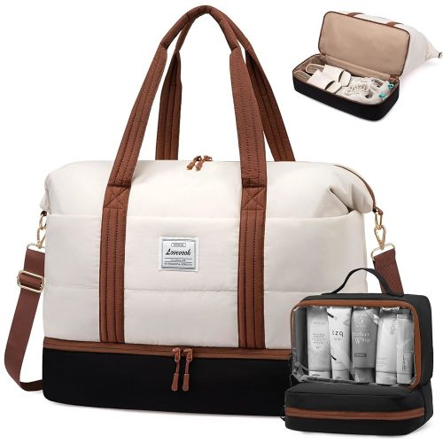 LOVEVOOK Travel Duffle Bag for Women, 3Pcs Puffer Large Weekender Overnight Bag with Shoe Compartment, Water Resistant Gym Duffel Bag, Carry on Bag for Hospital Delivery with Toiletry Organizer