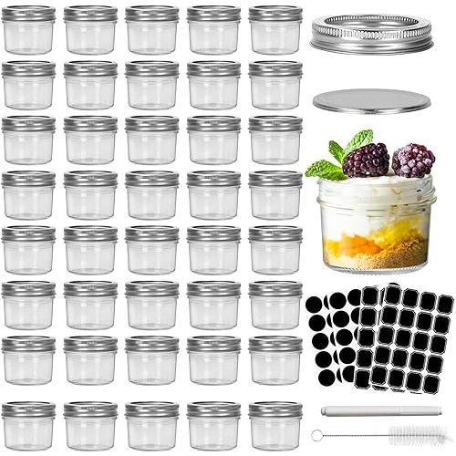 CycleMore 4oz Clear Mason Jars Small Glass Jar With Silver Separable Lids Mini Canning Jars for for Honey, Jam, Jelly, Wedding Favors, Kitchen Food Storage, Set of 40