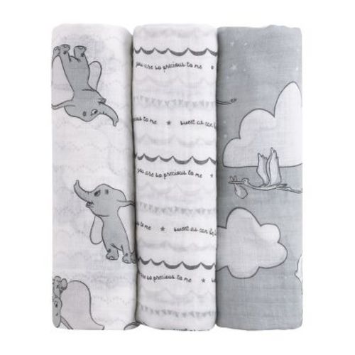 Nojo Disney Dumbo Gray And White 3 Piece Muslin Swaddle Baby Blanket Set