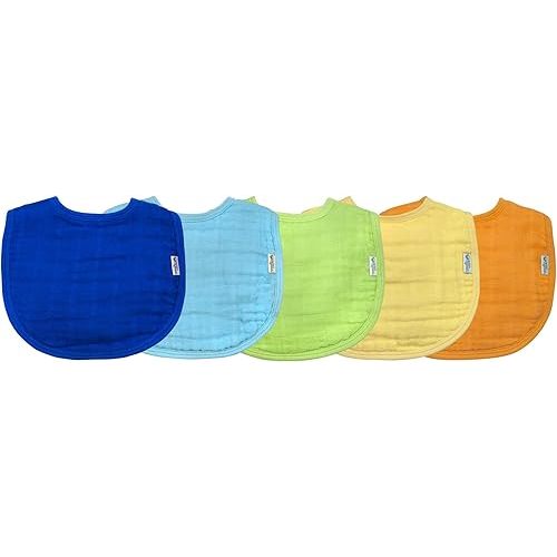 Muslin Bibs made from Organic Cotton (5 pack)| 4 absorbent layers protect from sniffles, drips, & drools | 100% Organic cotton muslin, Adjustable snap closure, Machine washable