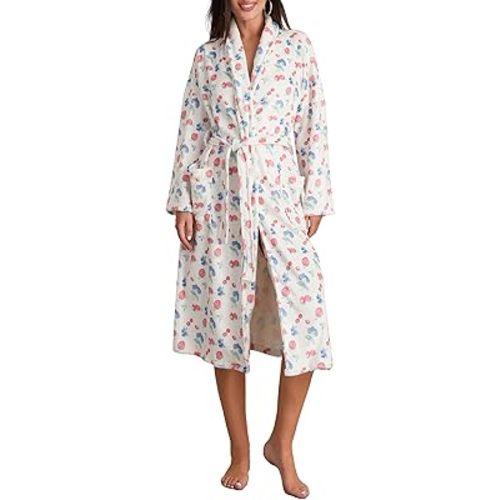 Owl's-Yard Women's Soft Summer Dressing Gown Floral Fruit Print Plush Shawl Collar Bathrobe Warm Lounge Robe with Belt