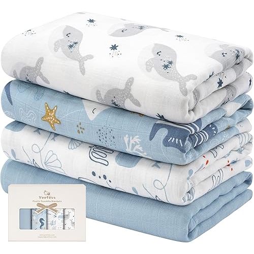 Yoofoss Muslin Swaddle Blankets, 4-Pack Receiving Blankets for Baby Boys and Girls, 47 x 47 Inches Neutral Swaddle Wrap 70% Rayon from Bamboo and 30% Cotton