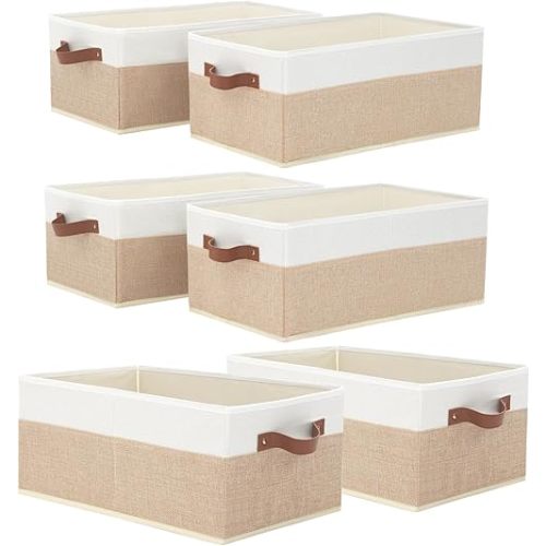 6 Pack Fabric Storage Bins, Large Storage Baskets for Shelves, Foldable Closet Organizer Storage Boxes with Leather Handles for Clothes, Sheets, Jeans, Toys, Books (Beige and White)