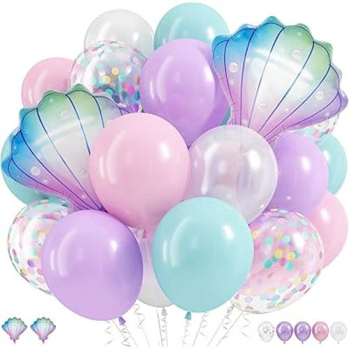 Mermaid Balloons, Pastel Pale Pink Light Purple Lilac Teal Pearl White Balloons with Seashell Foil Balloon Confetti Balloon for Girls Kid Sea Birthday Party Ocean Under The Sea Baby Shower Decorations