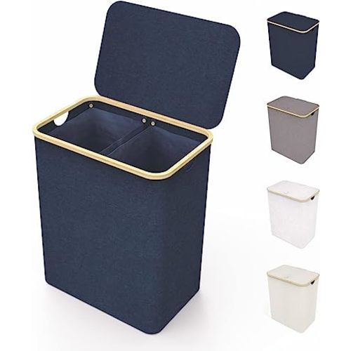 Lonbet - Double Laundry Hamper with Lid Cover - Bamboo Dual Section Laundry Basket - Collapsible Clothes Fabric Bin - Easy and Efficient Sorting - Removable Bags - 39.6 Gallons (3-5 Loads) - Blue