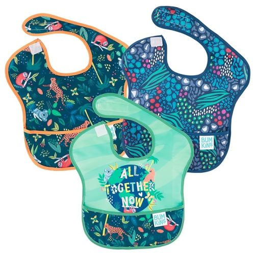 Bumkins Bibs for Girl or Boy, SuperBib Baby and Toddler for 6-24 Months, Essential Must Have for Eating, Feeding, Baby Led Weaning Supplies, Mess Saving Catch Food, Waterproof Fabric 3-pk Jungle - 3-Pack - C4 All Together Now-3pk