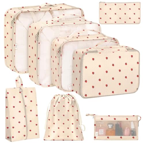 KPX 8 Set Packing Cubes for Travel, Luggage Packing Organizers Accessories Large Toiletries Bag for Clothes Shoes Cosmetics (8Set-Beige Strawberry)