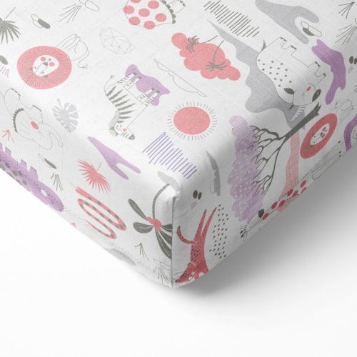 Bacati - Jungle Safari Print Lilac/coral 100 Percent Cotton Muslin Universal Baby Us Standard Crib Or Toddler Bed Fitted Sheet