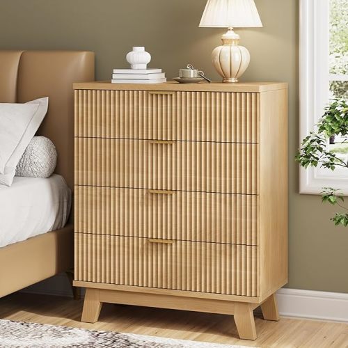 Xixini Fluted Nightstand, 31.5" Wide Side Table with 4 Large Storage Drawers, Mid Century Modern Wood Night Stand with Metal Handle, Wooden Bedside End Table for Bedroom, Natural Oak