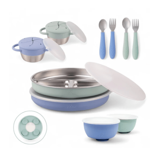 Stainless Steel Mealtime Bundle | Plates, Bowls, Snack Cups + Toddler Utensils | Suction Sleeves | Sage/MistyBlue