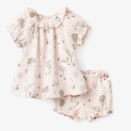 Garden Picnic Organic Muslin Ruffle Collar Top + Bloomer Set – Elegant Baby
