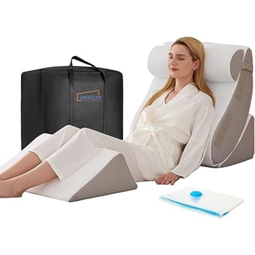 Orthopedic Bed Wedge Pillow Set 4PCS, Wedge Pillow Set for Back Pain Relief, Sitting up in Bed, Post Surgery, Acid Reflux, Snoring&GERD, Body Pillow for Sleeping,Leg,Neck,Shoulder Support, White/Grey