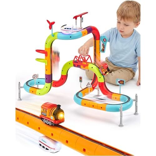 hahaland Electric Train Set for Kids Ages 4-8, Flexible Race Track - 64PCs