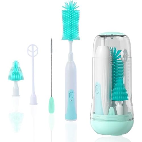 Electric Bottle Brush Cleaner, Electric Baby Bottle Brush Set Including Waterproof Bottle Cleaner, Nipple Brush, Straw Cleaner, Mixer, Bottle Drying Rack, Rechargeable,Two Cleaning Modes
