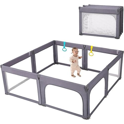 Doradotey Baby Playpen, Shape Adjustable Large & Small Baby Playard for Babies and Toddlers, Foldable Playpen Baby Fence Indoors Play Center Yards, Breathable Mesh Anti-Fall Play Pens(71x79 Deep Grey)
